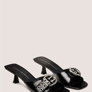 Stuart Weitzman Black Heeled Mules with Silver Buckle